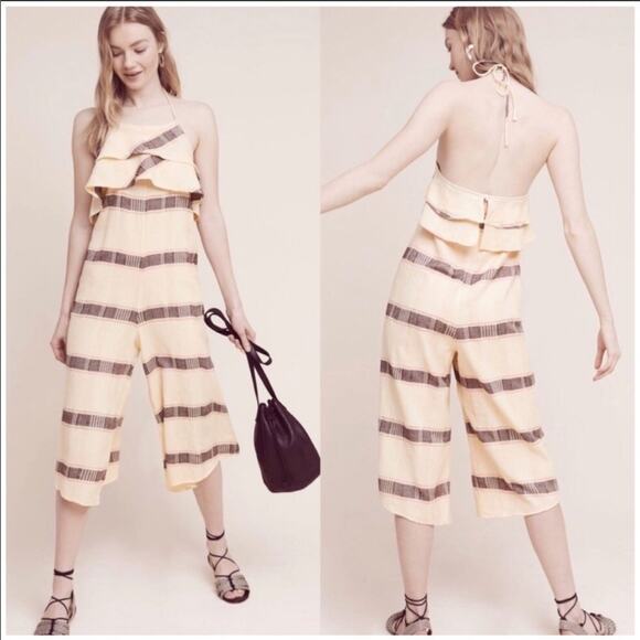 Anthropologie Marina Halter Ruffle Jumpsuit Wide Leg Size M Striped Tiered Pink - Picture 2 of 9